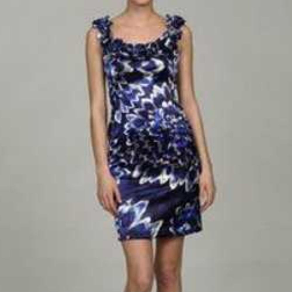Maggy London Blue Floral Ruffle Sleeve Cocktail Evening Dress, Sz 8. EUC